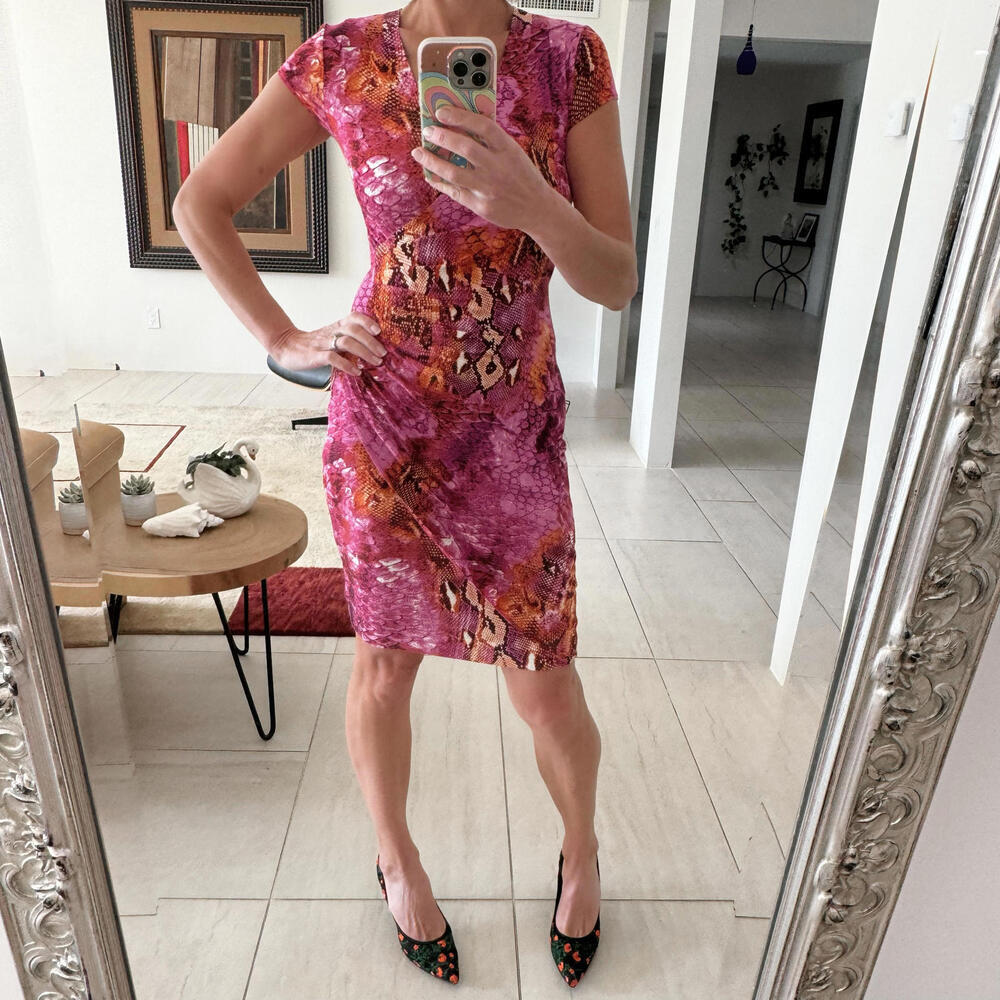 Vintage Cache Snakeskin Print Bodycon Wrap Style Dress Size S